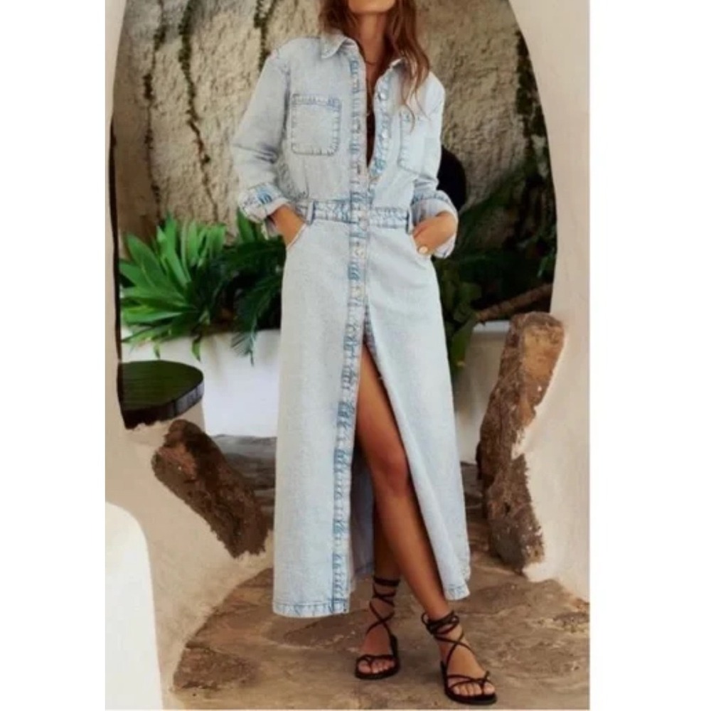 Zara Denim Button down‎ maxi Dress organic cotton ZW Collection sz M
